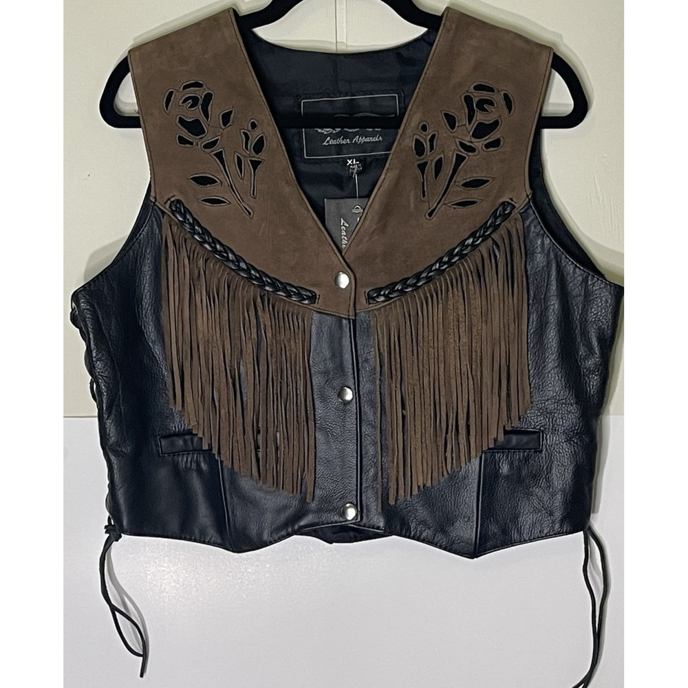UNIK Womens Black Leather Motorcycle Vest XL Snap Front Biker NWT